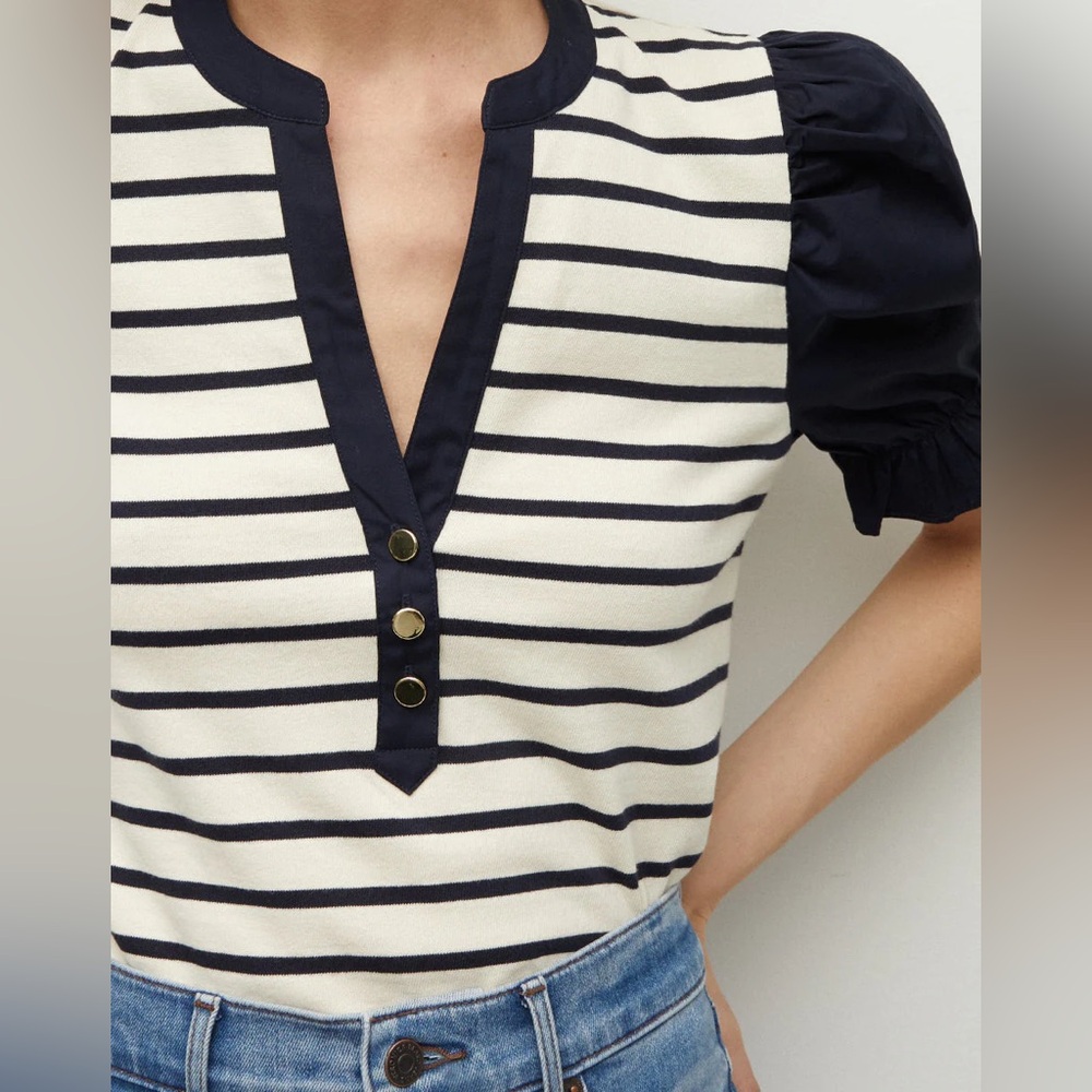 Veronica Beard Raegan Short Puff Sleeve Striped Top NWT - Picture 3 of 7